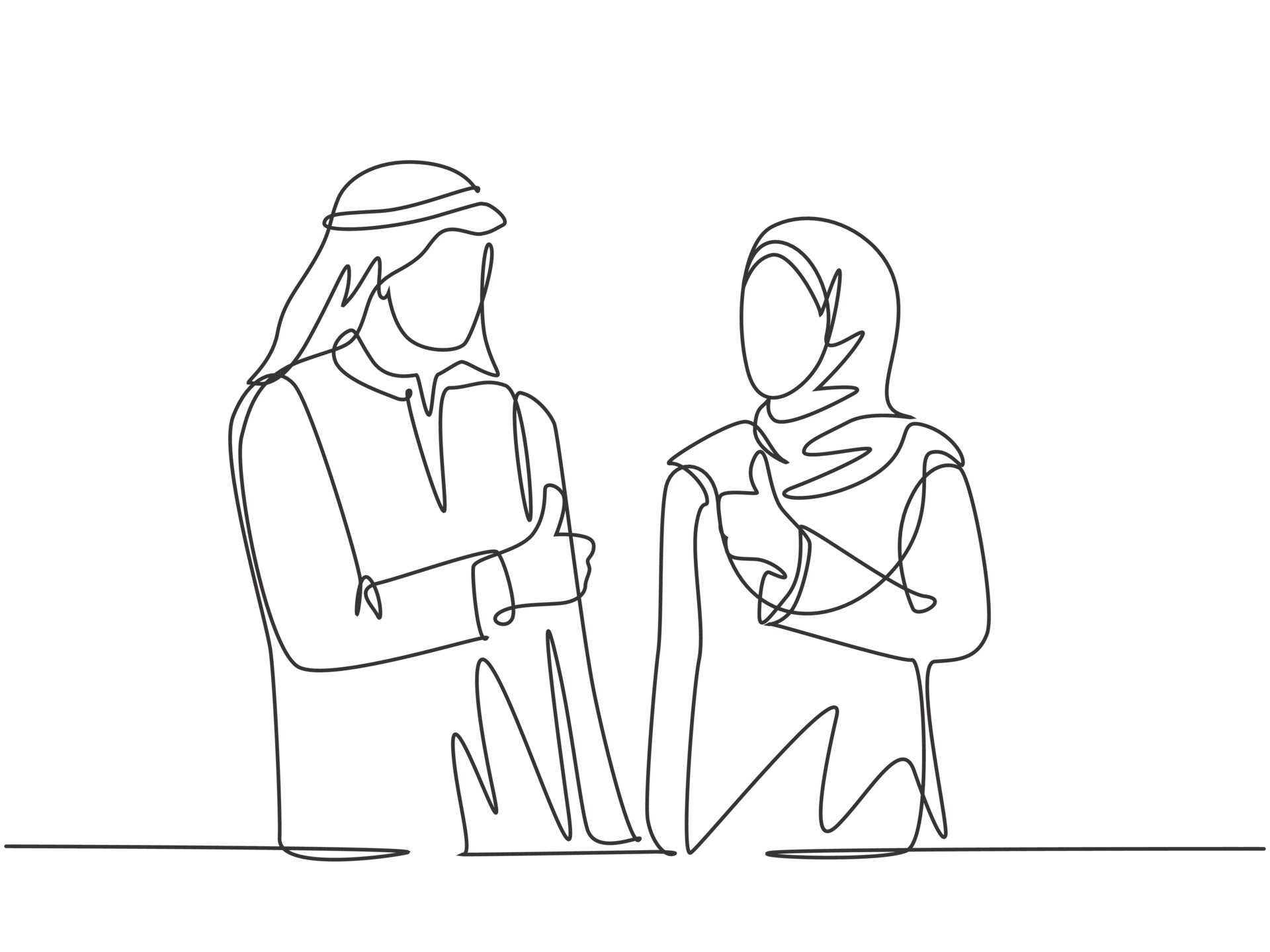 one-continuous-line-drawing-of-young-muslim-male-and-female-workers-give-thumbs-up-to-celebrate-job-promotion-islamic-clothing-hijab-scarf-keffiyeh-single-line-draw-design-illustration-vector